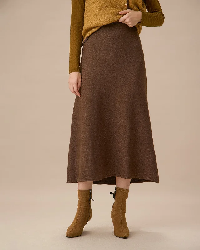 Brown Knitted A-line Midi Skirt