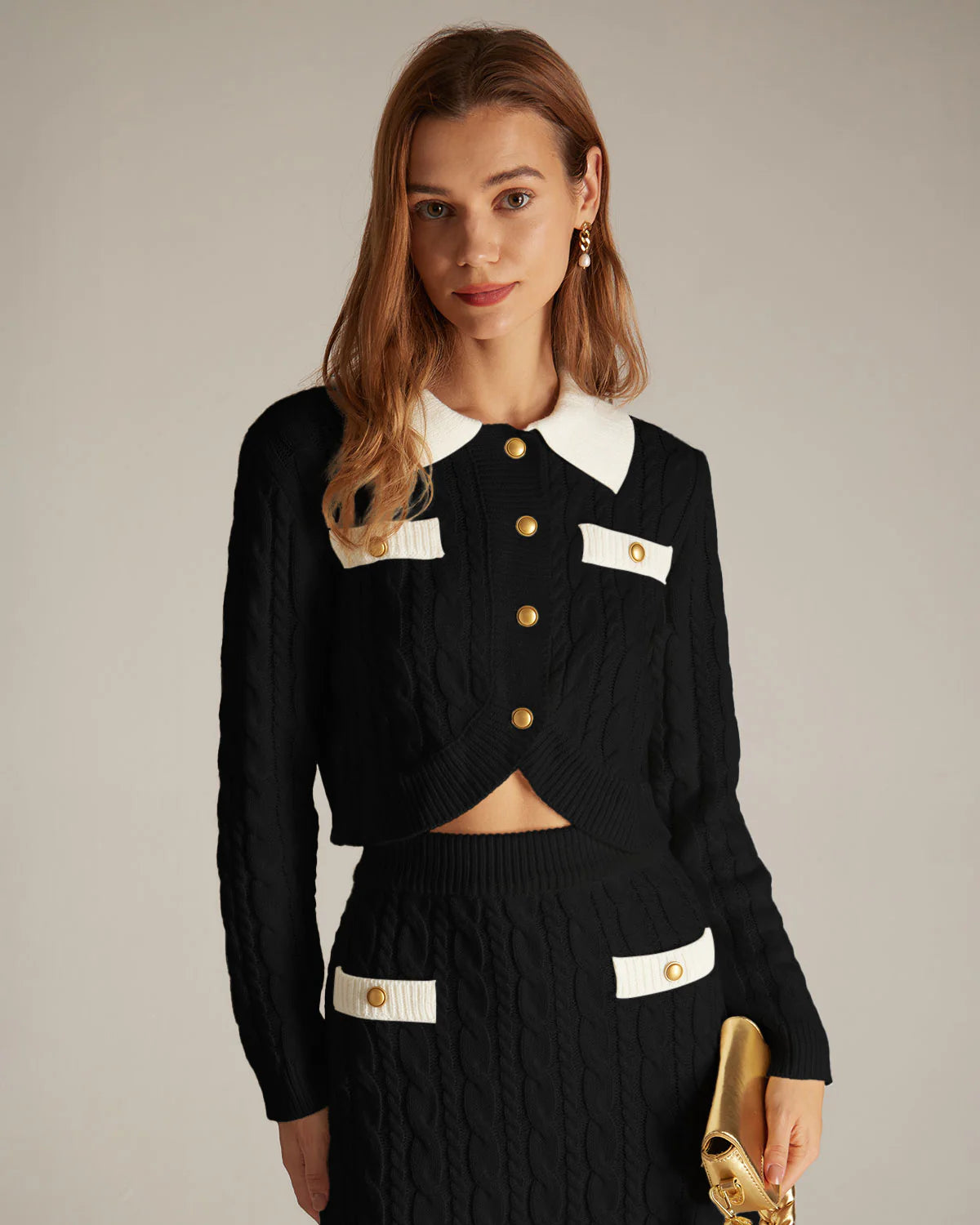 The Black Lapel Ribbed Button Cable Cardigan