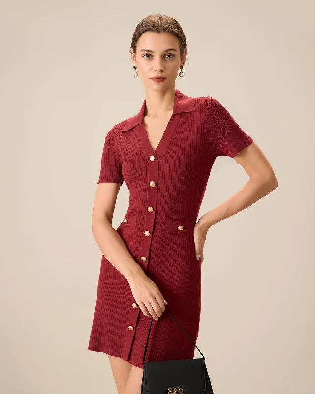 Women's Red V-Neck Bodycon Sweater Dress