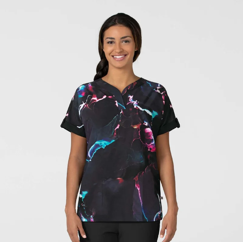 Women's Oversized Print Scrub Top - Black Ink Drop