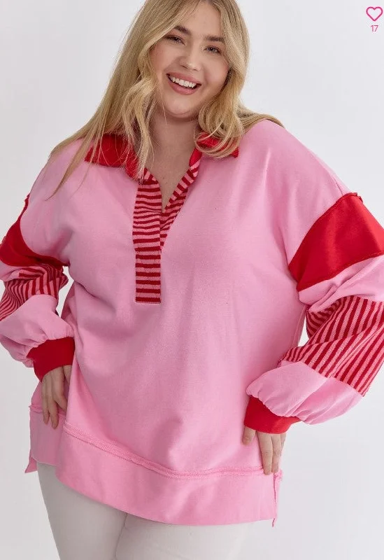 [entro] Pink & Red Collared Pull Over Top-Plus