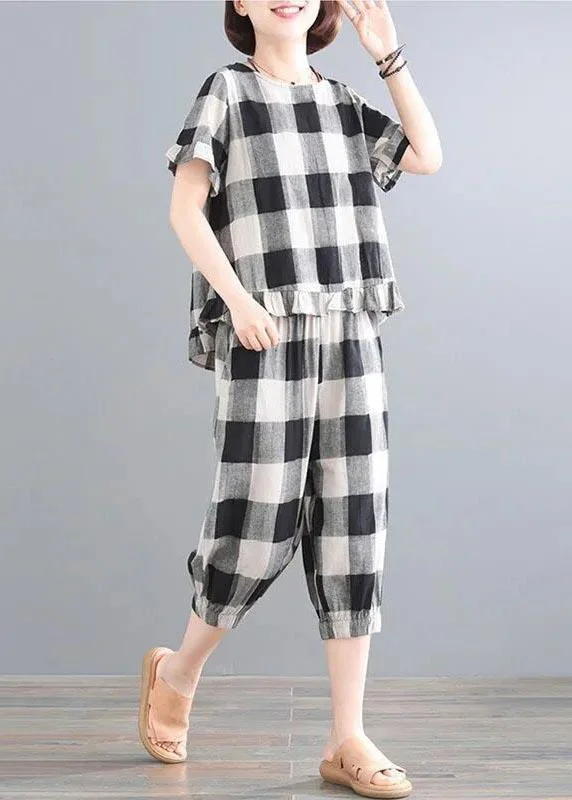 Plus Size Black Plaid Linen low high design Summer Two Piece Set