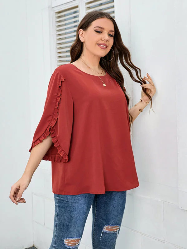 Plus Size Ladies Shirt Red Half Sleeve Loose Top