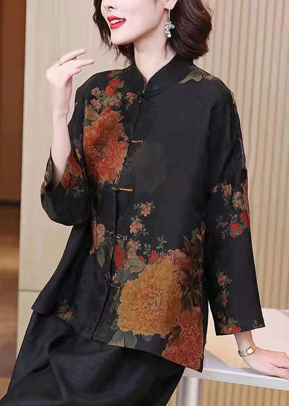 Plus Size Stand Collar Print Button Silk Shirt Long Sleeve