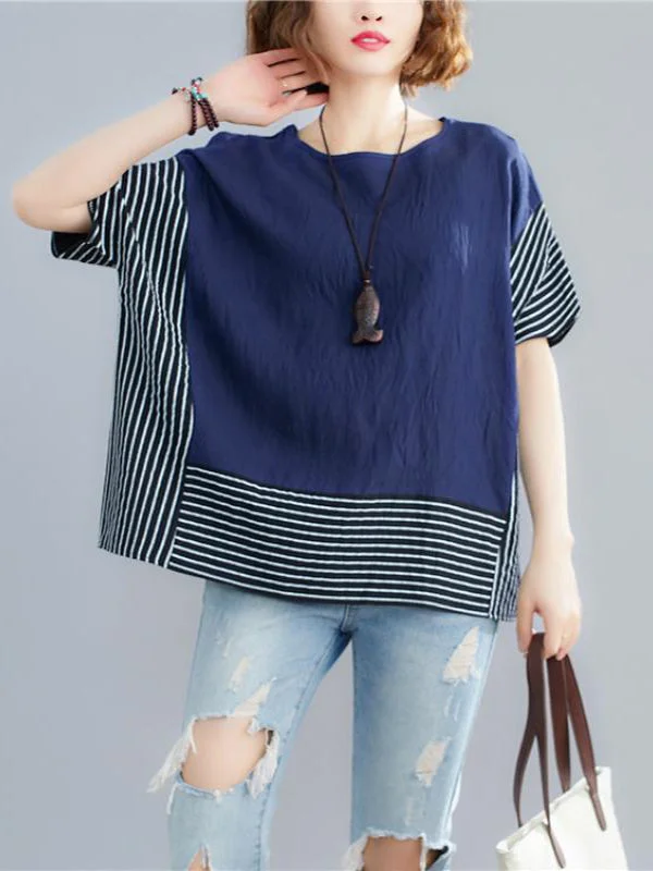 Plus Size Striped Cotton Linen Women's Tops