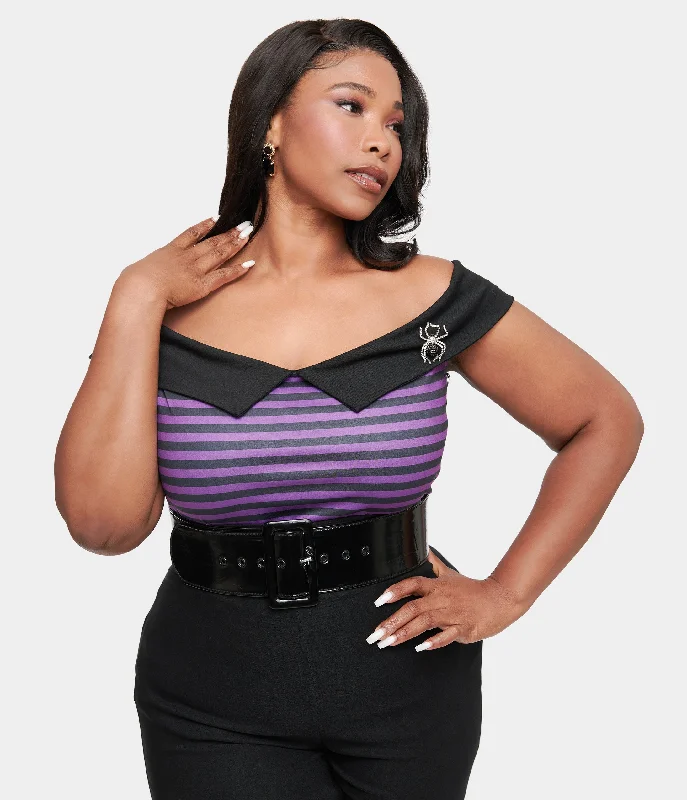 Unique Vintage Plus Size 1950s Black & Purple Stripe Maraschino Top