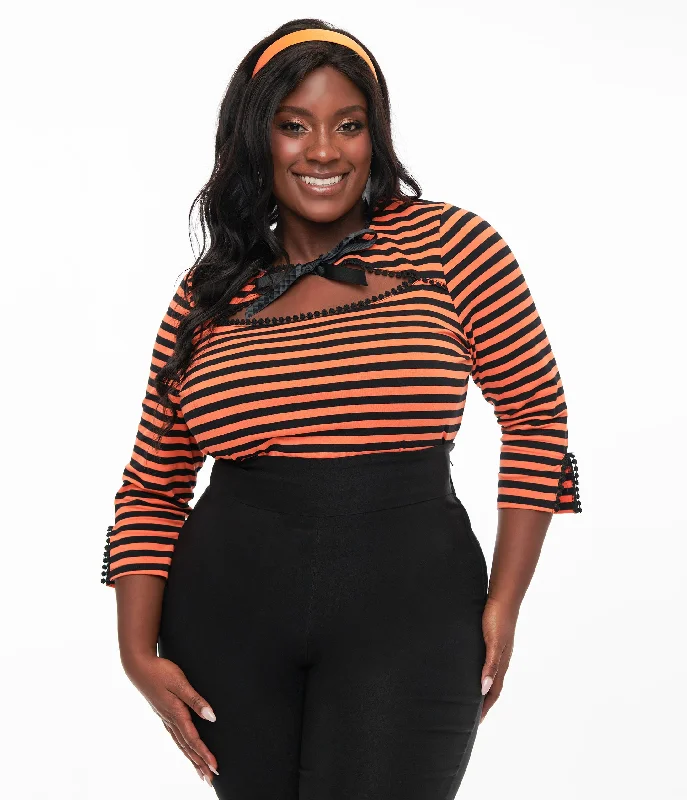 Unique Vintage Plus Size 1950s Orange & Black Stripe Cutout Neck Tie Top