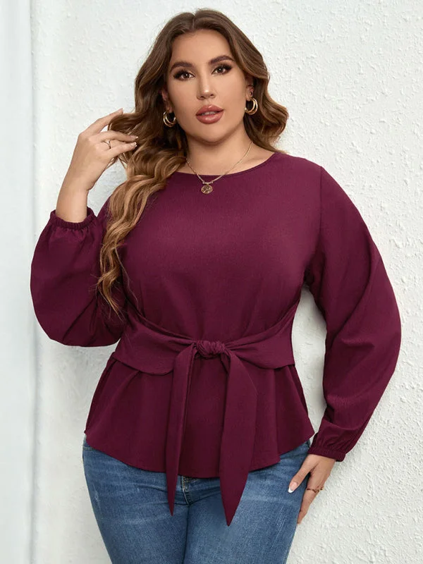 Women's Plus Size Solid Color Puff Long Sleeve Tie Waist Top