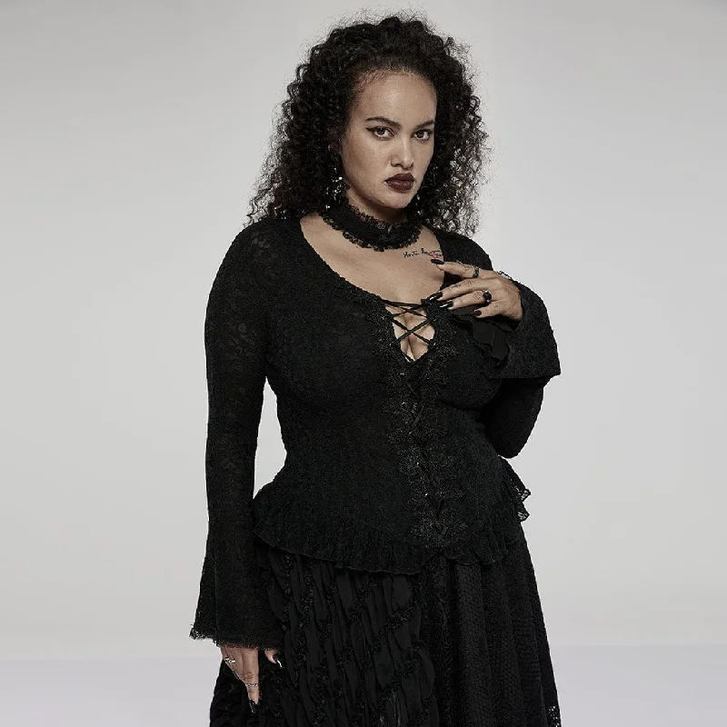 Women's Plus Size Gothic Vintage Flare Sleeved Lace Top With Choker