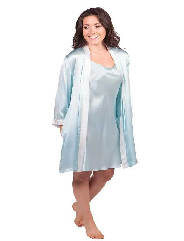 AQUA SILK ROBE CHEMISE WITH IVORY CONTRAST - RB CHE-AQA