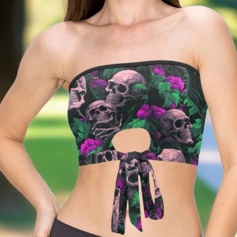 Skulls With Green Leaves & Purple Flowers Crop Tank Top