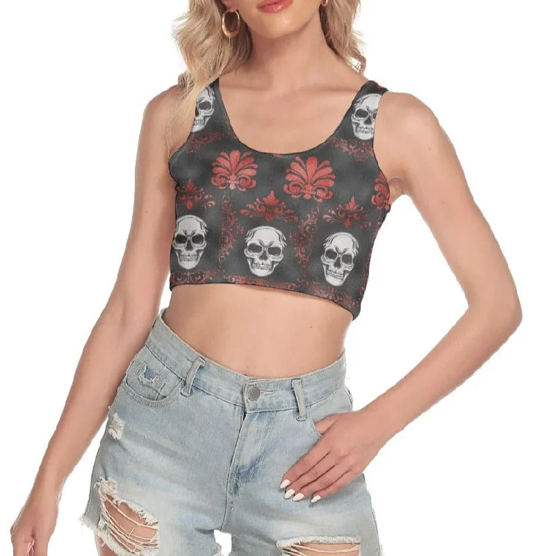 Women's Red Flowers & Skulls Sport Crop Tank Top