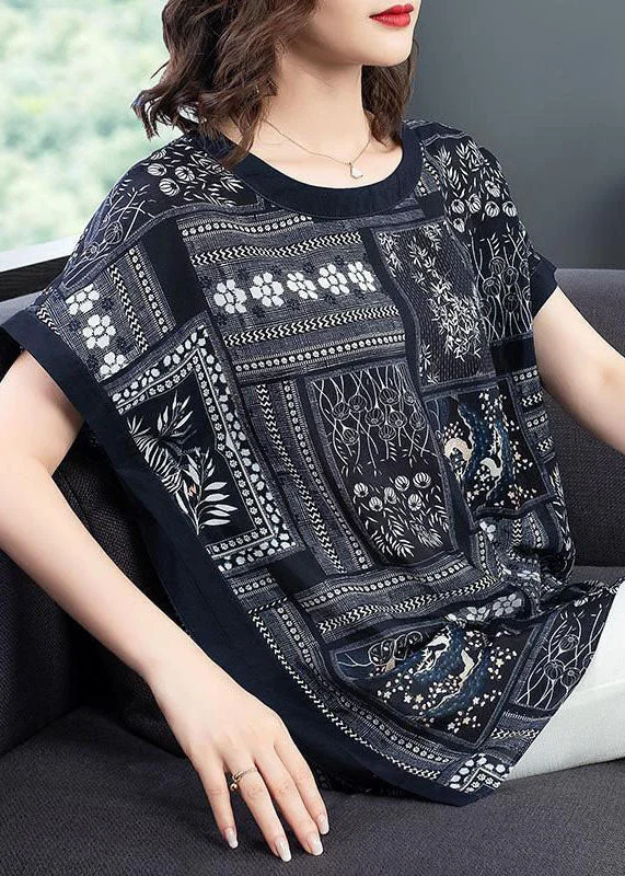 Beautiful Blue O-Neck Side Open Patchwork Print Silk Loose Tank Short Sleeve