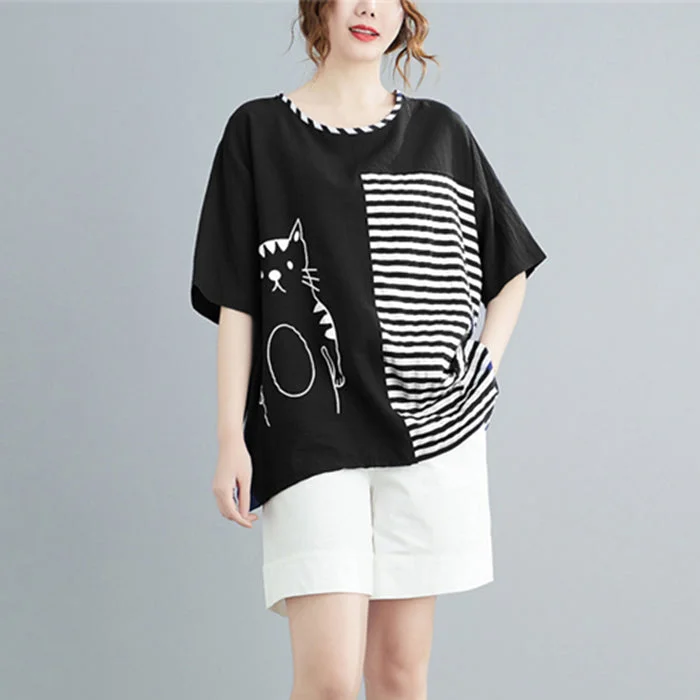 Black Striped Cotton Tank top Asymmetrical Short Sleeve