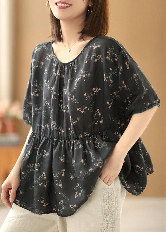 Bohemian Black O-Neck Print Linen Cinch Shirts Short Sleeve