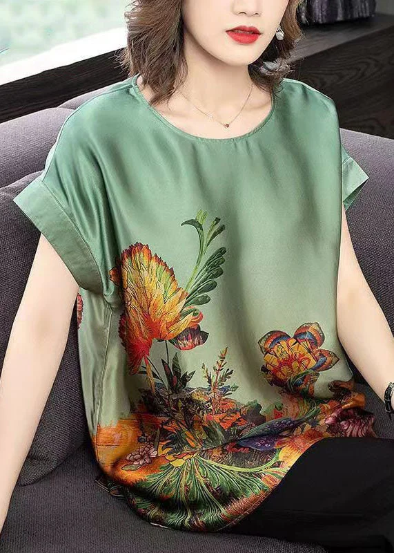 Bohemian Green O-Neck Side Open Print Silk Tanks Short Sleeve