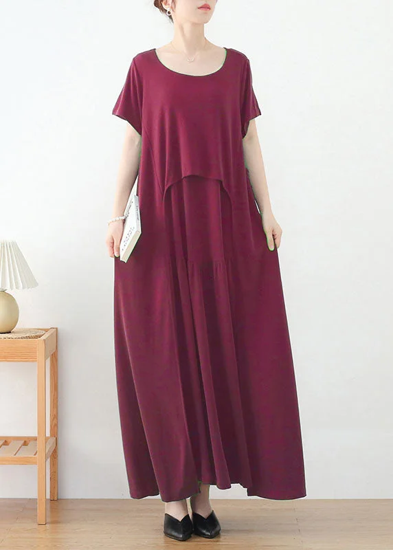 Bohemian Red O-Neck Exra Large Hem Long Dress Short Sleeve