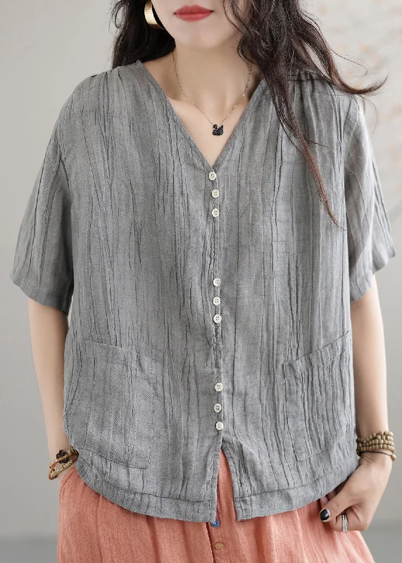 Boutique Grey V Neck Linen T Shirt Short Sleeve