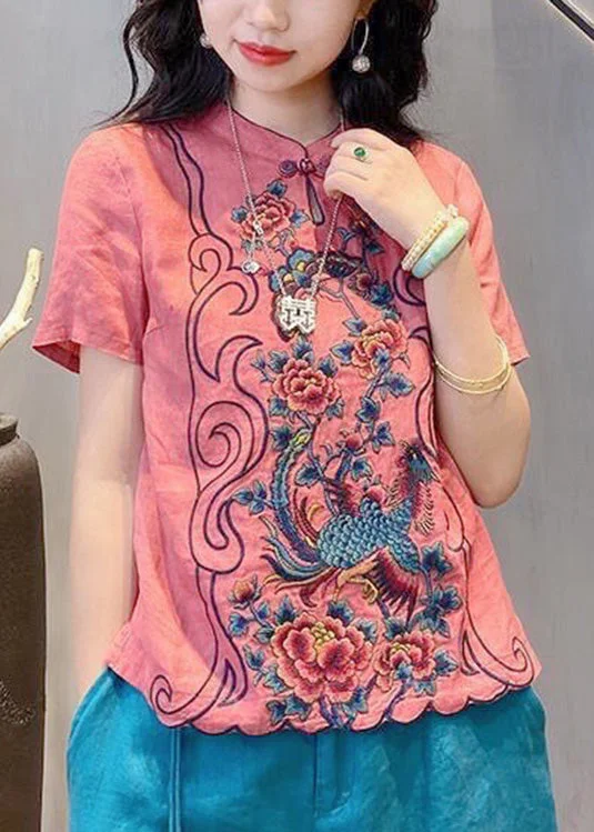 Casual Pink Stand Collar Embroidered Button Linen Top Short Sleeve