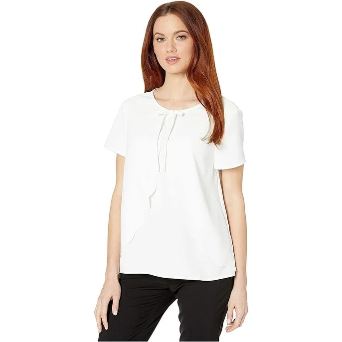 CeCe Women's Short Sleeve Scalloped Moss Crepe Blouse White Size S