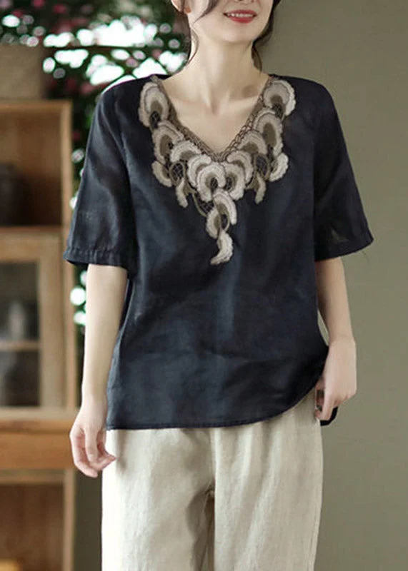 Chic Black V Neck Embroidered Floral Shirts Short Sleeve