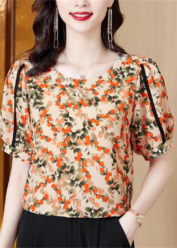 Chic Orange O-Neck Print Patchwork Chiffon Shirts Short Sleeve