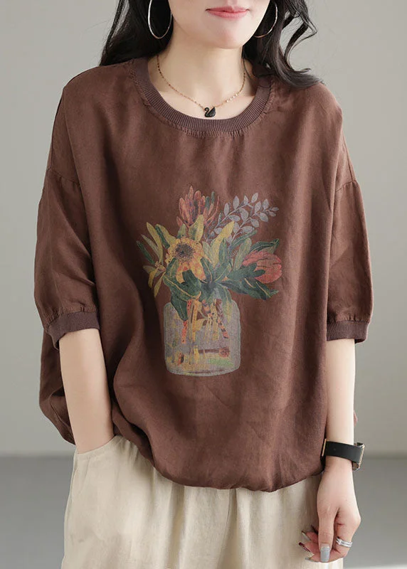 Coffee Print Linen Tank Tops O-Neck Oversized Short Sleeve