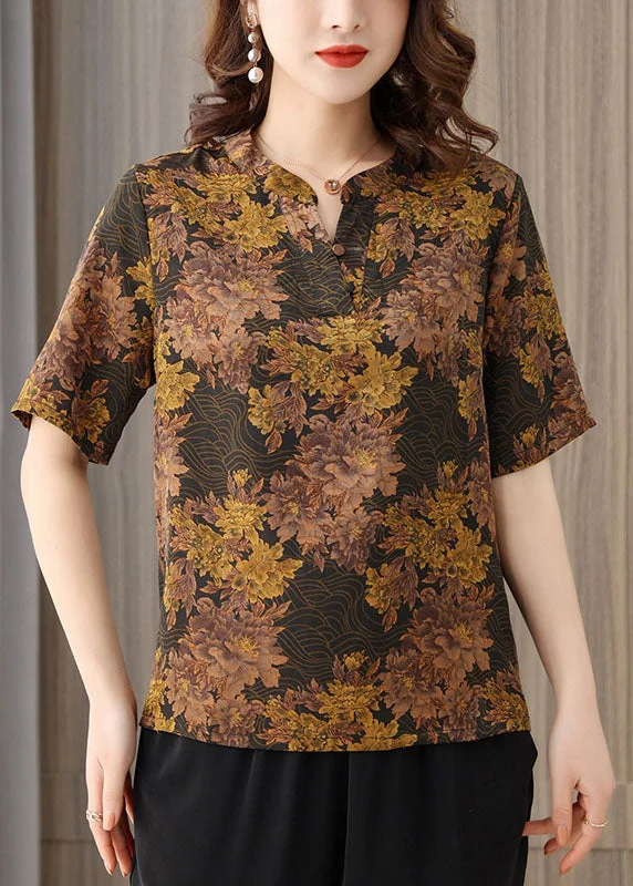 Coffee Vintage Print Silk Blouse Top For Women O-Neck Button Short Sleeve