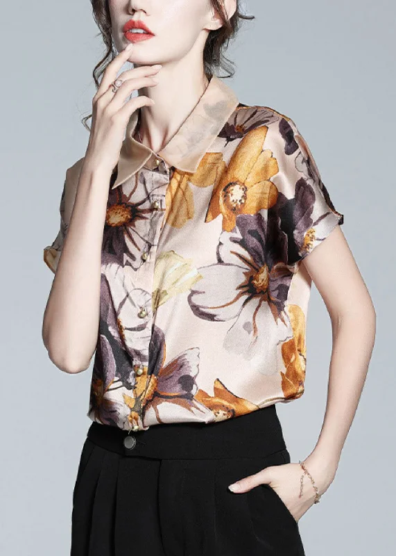 DIY Apricot Peter Pan Collar Print Button Silk Shirt Short Sleeve