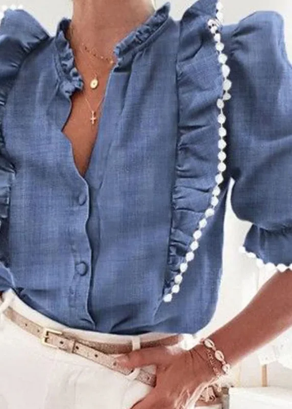 Fashion Blue Ruffled Patchwork Denim Top Short Sleeve