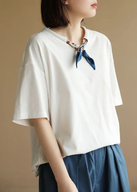 Fashion Solid White O-Neck Drawstring Bow Cotton Tank Short Sleeve