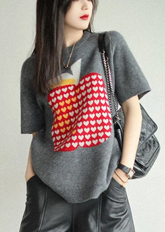 Jacquard Grey O-Neck Knit Pullover Short Sleeve