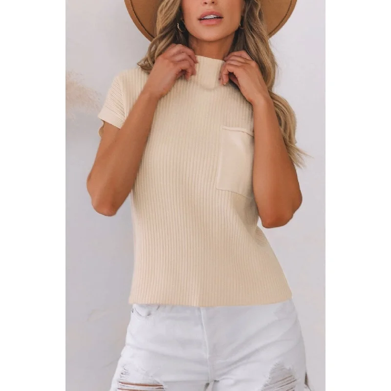 Lindsey Patch Pocket Ribbed Knit Short Sleeve Sweater