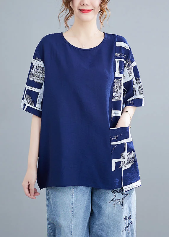 Loose Blue Asymmetrical Design Print Cotton Tanks Short Sleeve