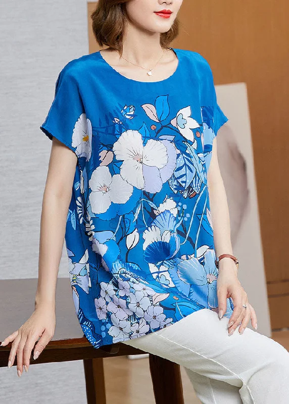 Loose Blue O-Neck Original Design Print Silk Tank Short Sleeve