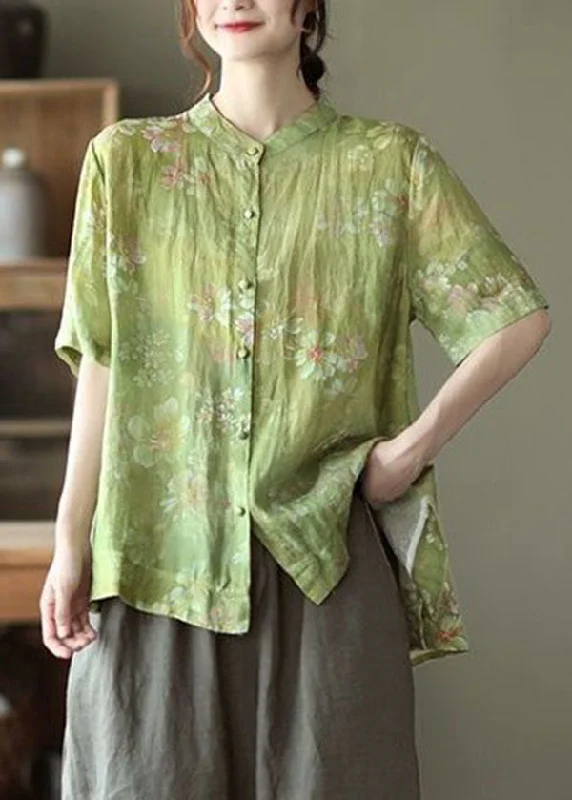 Loose Grass Green Stand Collar Print Button Cotton Top Short Sleeve