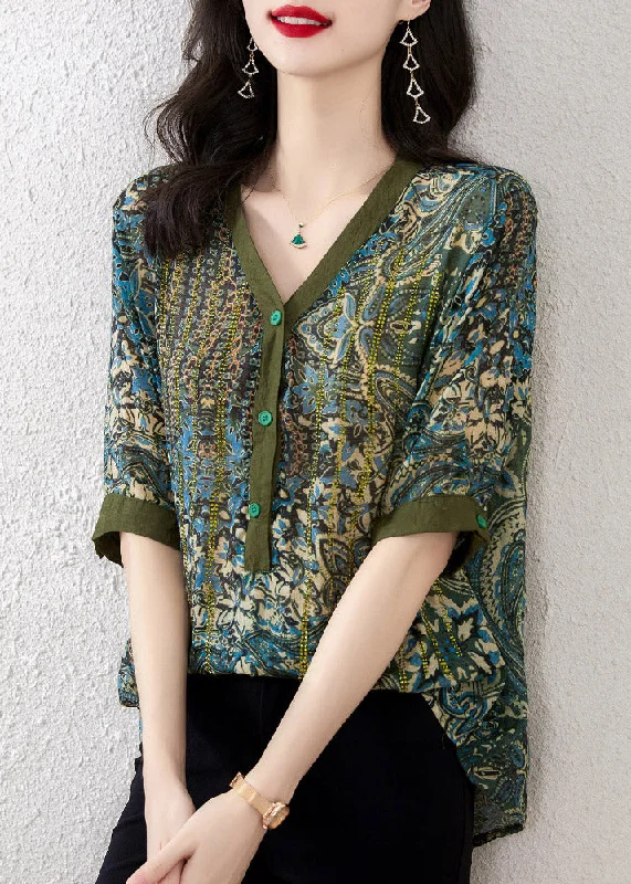 Loose Green V Neck Print Chiffon Tops Short Sleeve