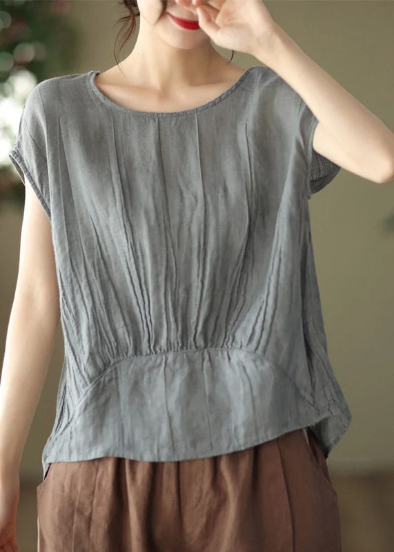 Loose Grey O-Neck Linen Shirt Short Sleeve