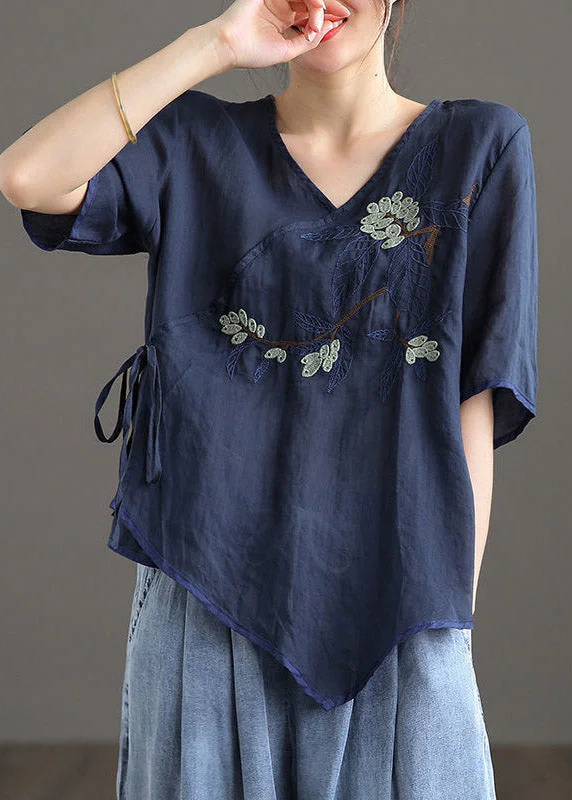 Navy V Neck Asymmetrical Design Linen Top Short Sleeve