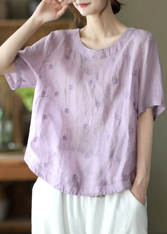 Plus Size Light Purple Embroideried Linen Shirts Short Sleeve