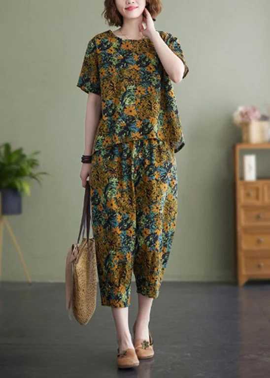 Plus Size Yellow Floral O-Neck Top Short Sleeve Elastic Waist Pants Two Pieces Set