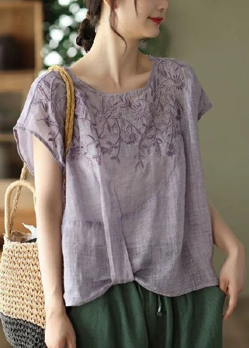 Purple Linen Tanks Embroideried Oversized Short Sleeve