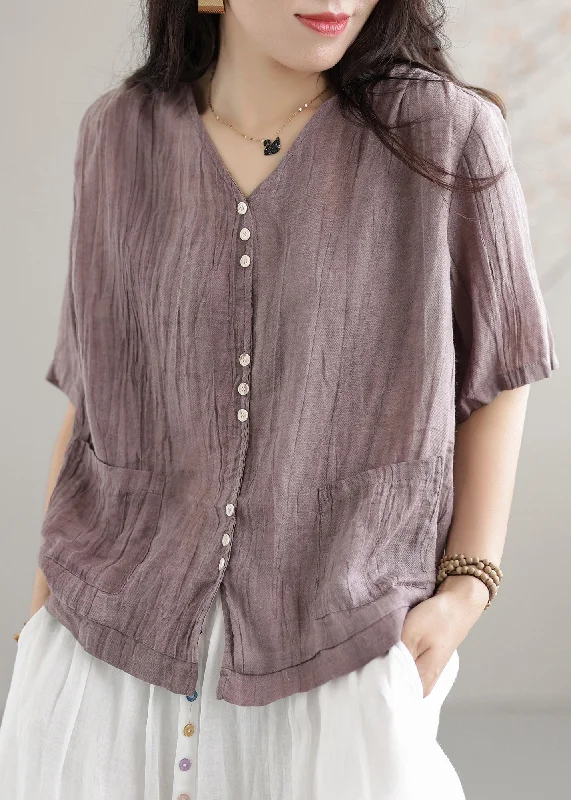 Purple V Neck Pockets Linen Shirts Short Sleeve