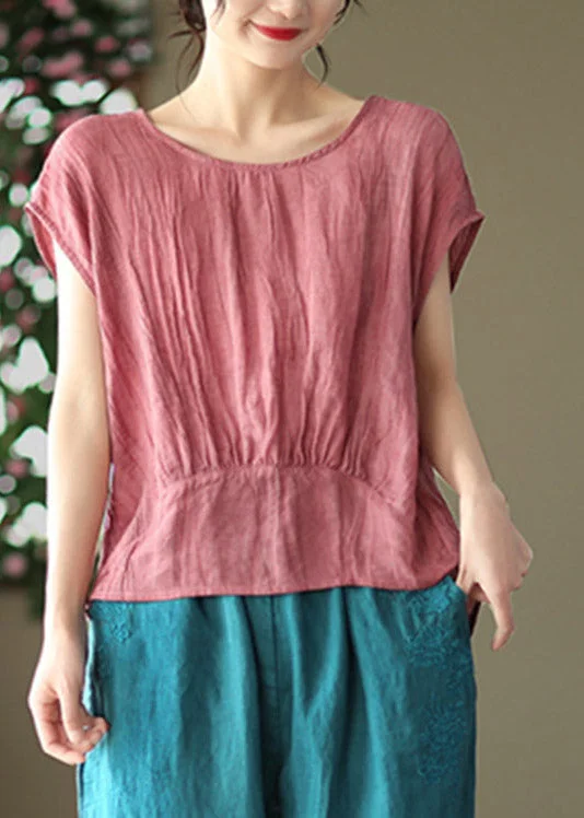 Red O-Neck Wrinkled Linen Tops Short Sleeve