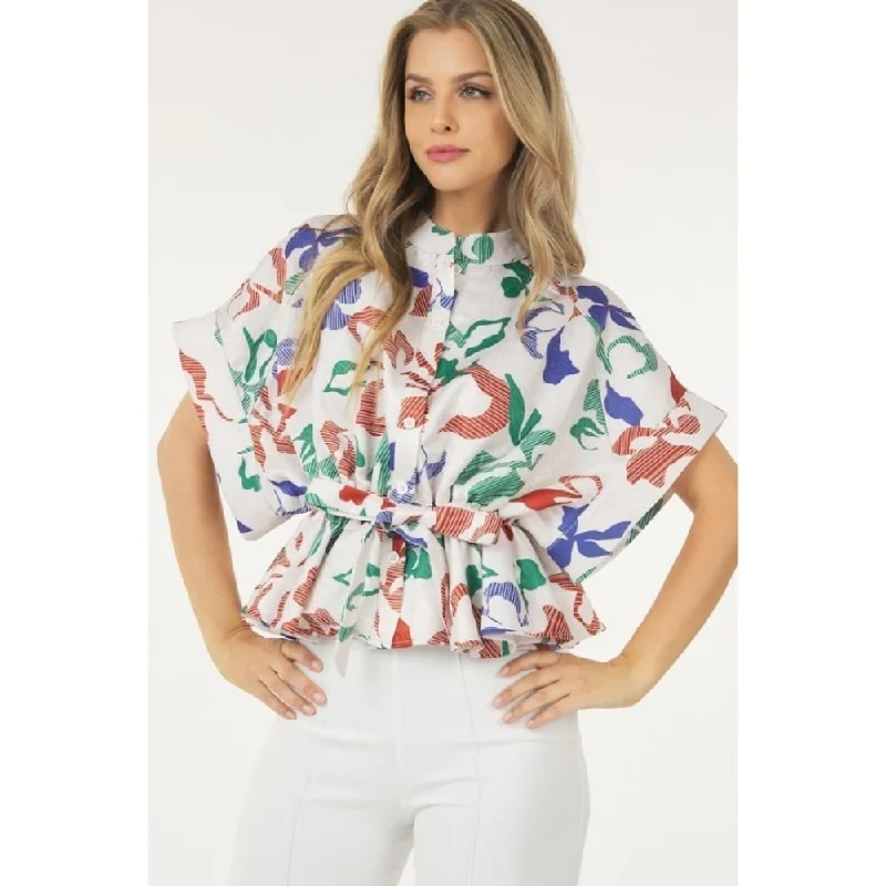 Rust Polyester Floral Print Short Sleeve Top with Waist Tie