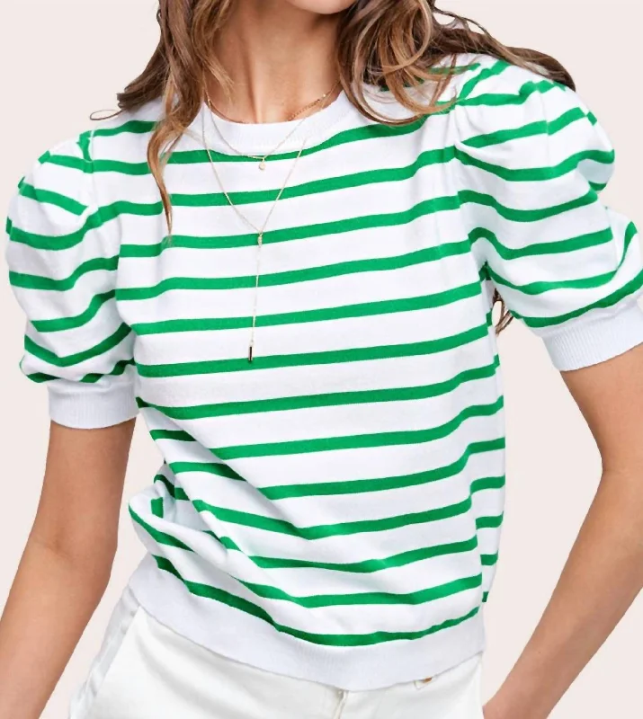 Short Sleeve Stripe Sweater Top In Apple Green