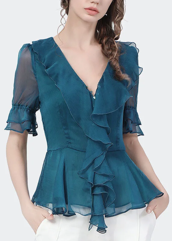 Slim Fit Peacock Blue V Neck Ruffles Solid Color Chiffon Cinch Shirt Top Short Sleeve