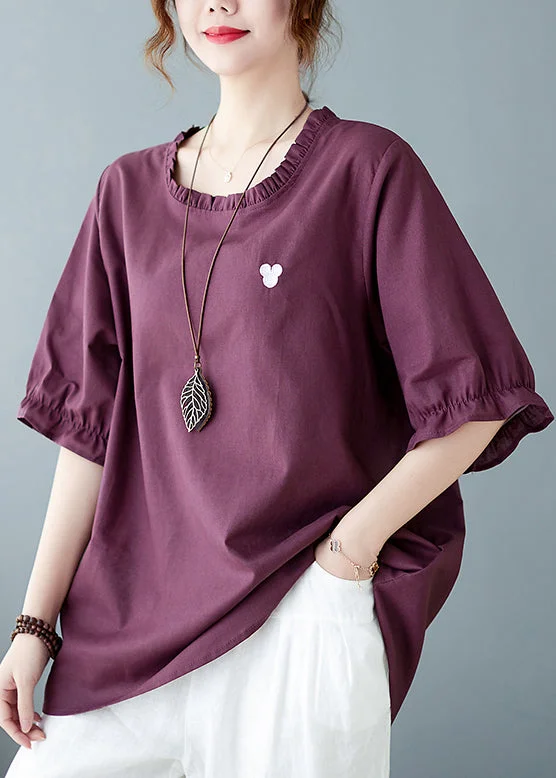 Solid Purple red O-Neck Embroideried Ruffled Top Short Sleeve