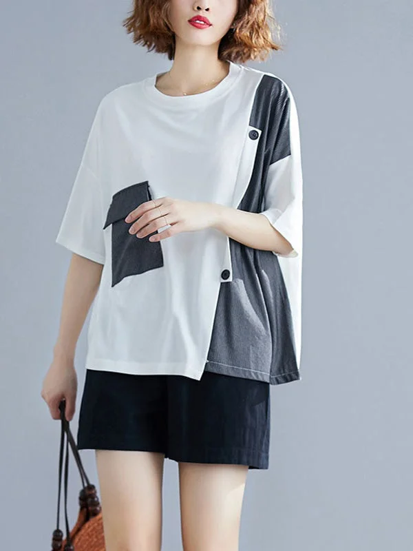 Striped Patchwork Loose Casual Tops Short Sleeve