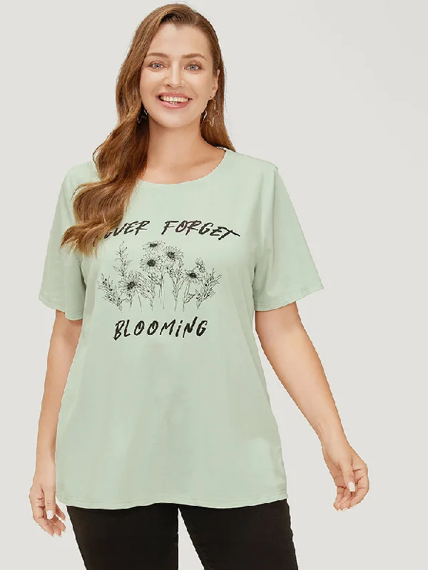 Sunflower & Letter Print Slightly Stretchy Short Sleeve T-shirt